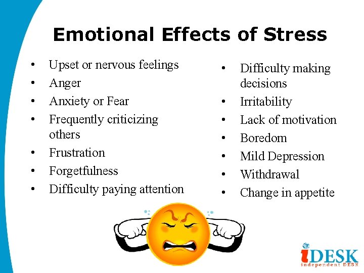 Emotional Effects of Stress • • Upset or nervous feelings Anger Anxiety or Fear