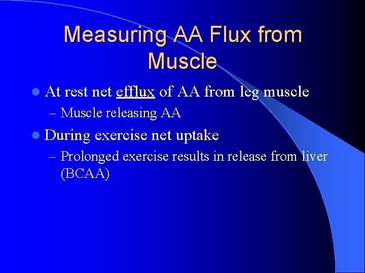 Measuring AA Flux from Muscle l At rest net efflux of AA from leg