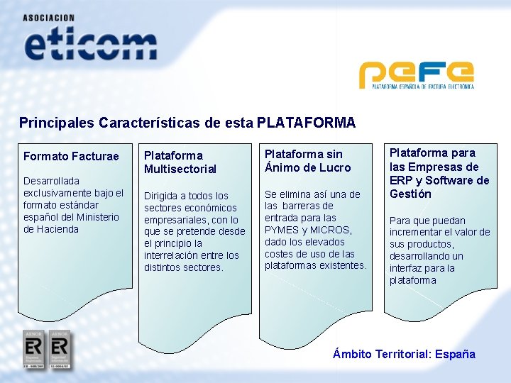 Principales Características de esta PLATAFORMA Formato Facturae Desarrollada exclusivamente bajo el formato estándar español