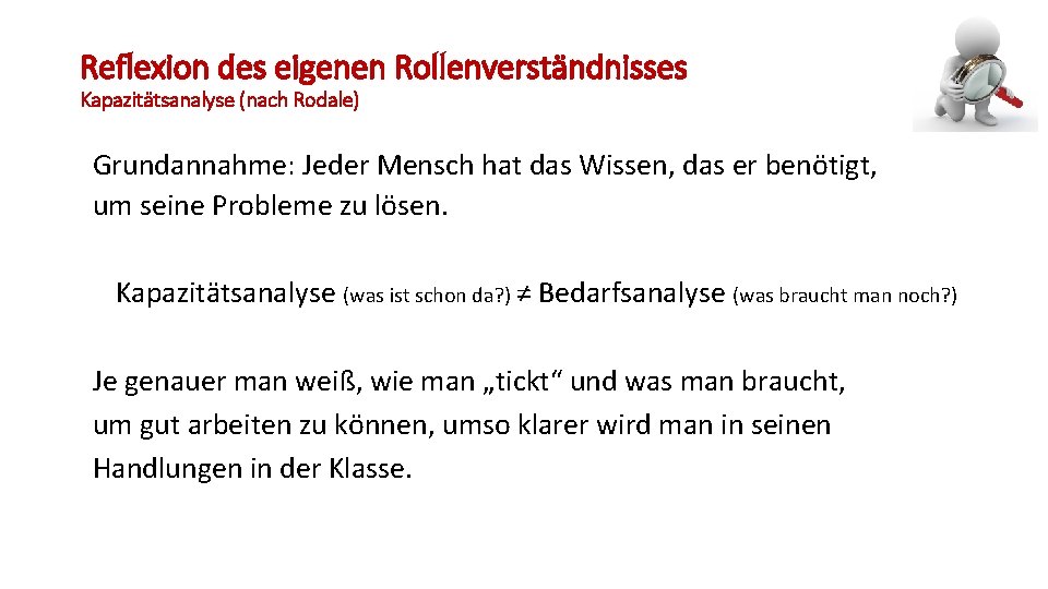 Reflexion des eigenen Rollenverständnisses Kapazitätsanalyse (nach Rodale) Grundannahme: Jeder Mensch hat das Wissen, das