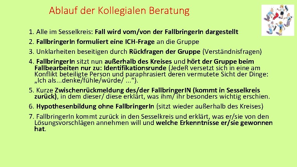Ablauf der Kollegialen Beratung 1. Alle im Sesselkreis: Fall wird vom/von der Fallbringer. In