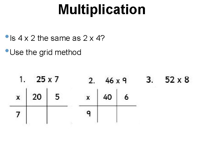 Multiplication • Is 4 x 2 the same as 2 x 4? • Use
