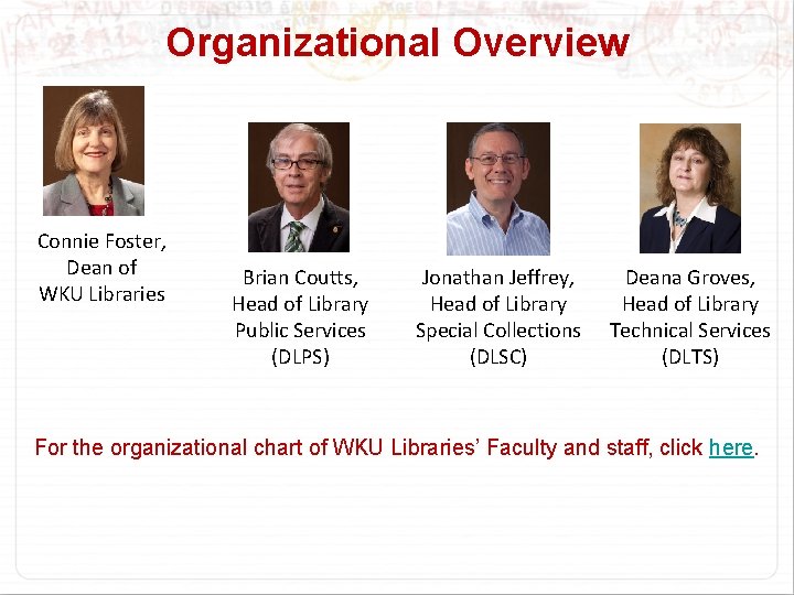 Organizational Overview Connie Foster, Dean of WKU Libraries Brian Coutts, Head of Library Public