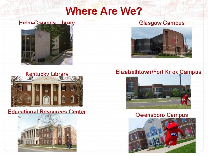 Where Are We? Helm-Cravens Library Kentucky Library Educational Resources Center Glasgow Campus Elizabethtown/Fort Knox