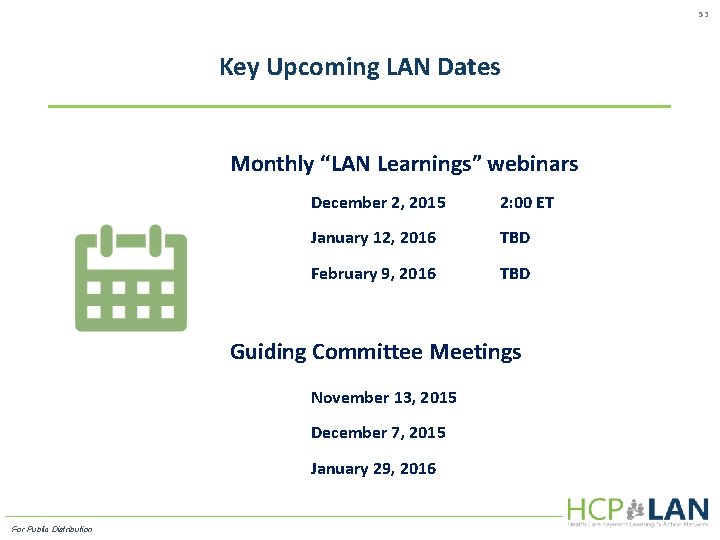 53 Key Upcoming LAN Dates Monthly “LAN Learnings” webinars December 2, 2015 2: 00