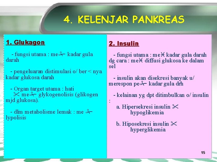 4. KELENJAR PANKREAS 1. Glukagon FUNGSI : - fungsi utama : me kadar gula