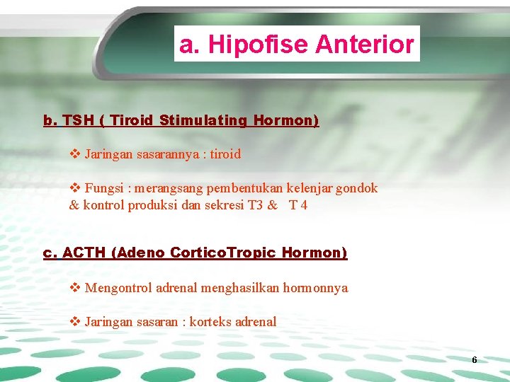 a. Hipofise Anterior b. TSH ( Tiroid Stimulating Hormon) v Jaringan sasarannya : tiroid