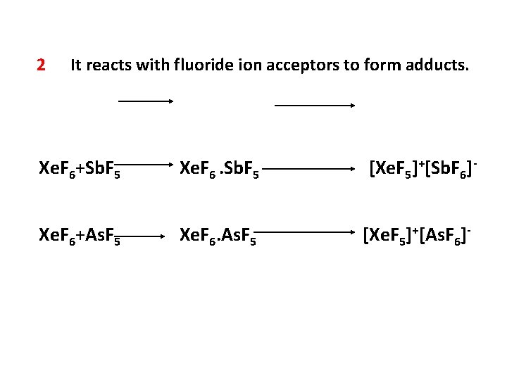 2 It reacts with fluoride ion acceptors to form adducts. Xe. F 6+Sb. F