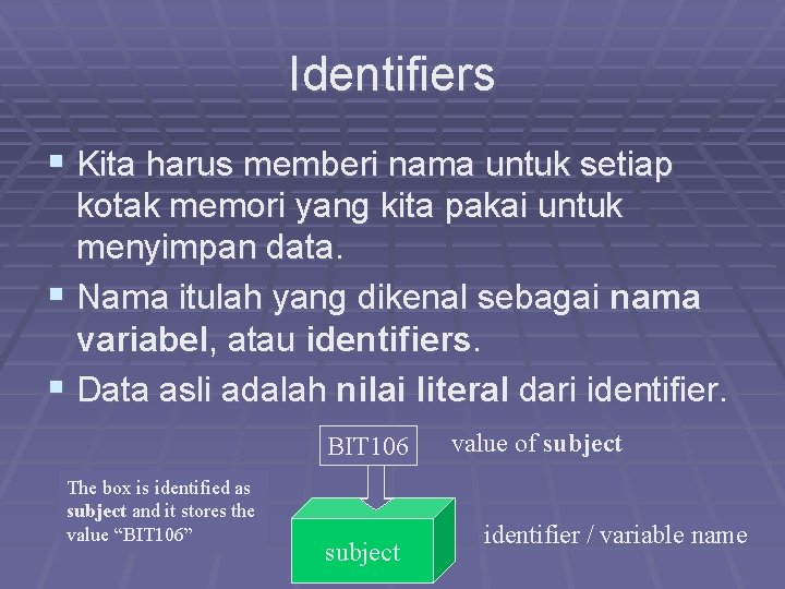 Identifiers § Kita harus memberi nama untuk setiap kotak memori yang kita pakai untuk Identifiers § Kita harus memberi nama untuk setiap kotak memori yang kita pakai untuk