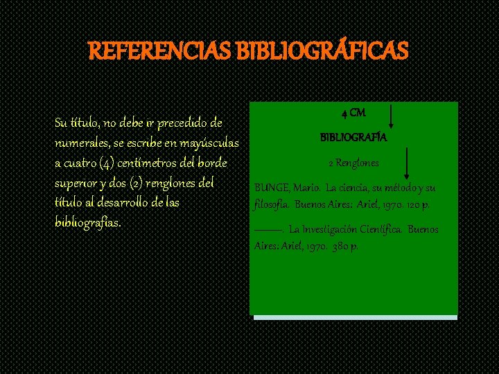 REFERENCIAS BIBLIOGRÁFICAS 4 CM Su título, no debe ir precedido de BIBLIOGRAFÍA numerales, se