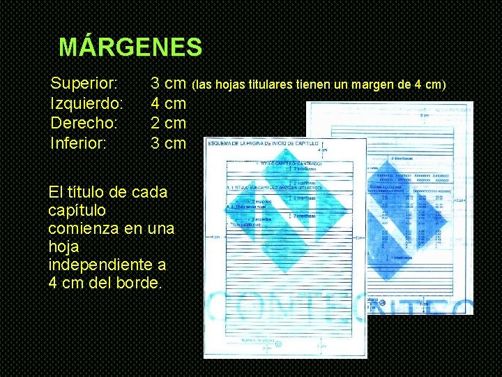 MÁRGENES Superior: Izquierdo: Derecho: Inferior: 3 cm (las hojas titulares tienen un margen de