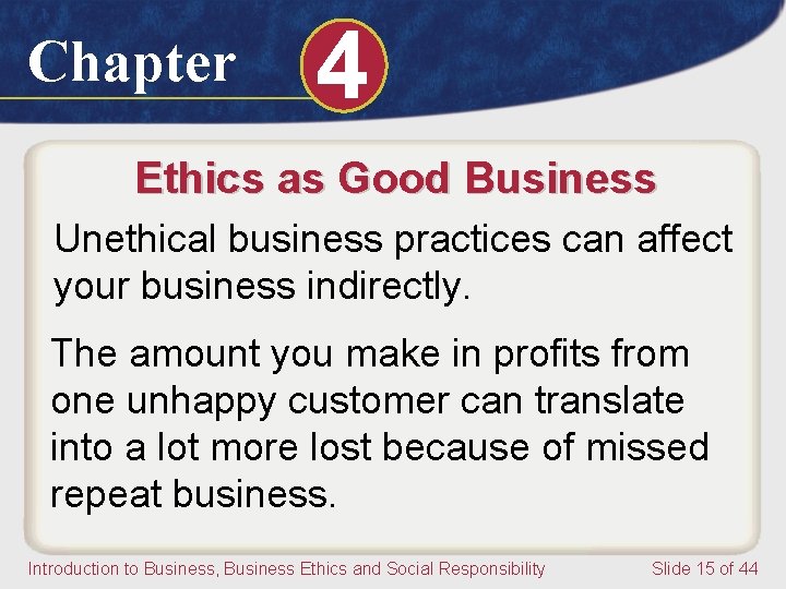 Chapter 4 Ethics as Good Business Unethical business practices can affect your business indirectly.