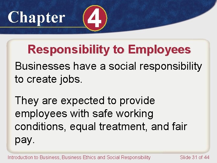 Chapter 4 Responsibility to Employees Businesses have a social responsibility to create jobs. They