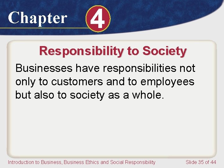 Chapter 4 Responsibility to Society Businesses have responsibilities not only to customers and to