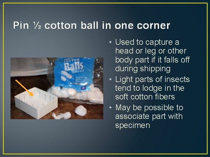 Pin ½ cotton ball in one corner • Used to capture a head or