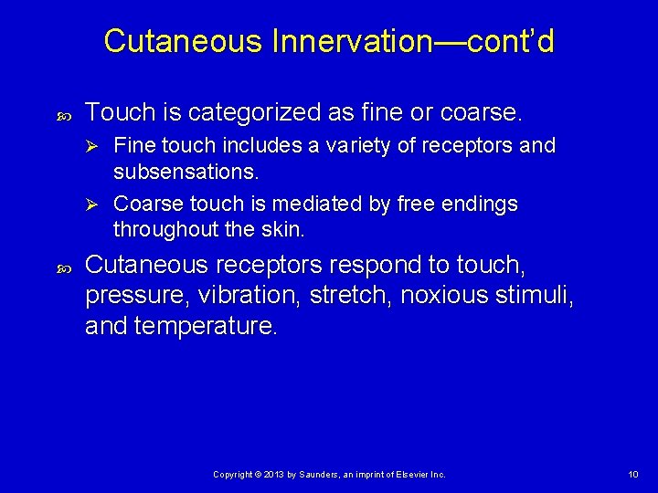 Cutaneous Innervation—cont’d Touch is categorized as fine or coarse. Fine touch includes a variety