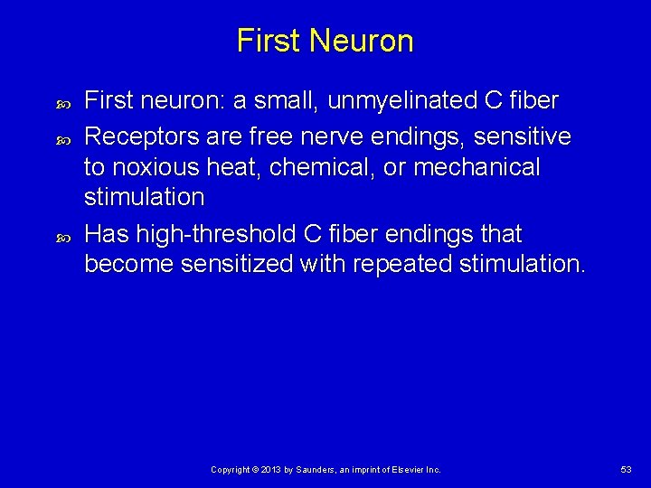 First Neuron First neuron: a small, unmyelinated C fiber Receptors are free nerve endings,