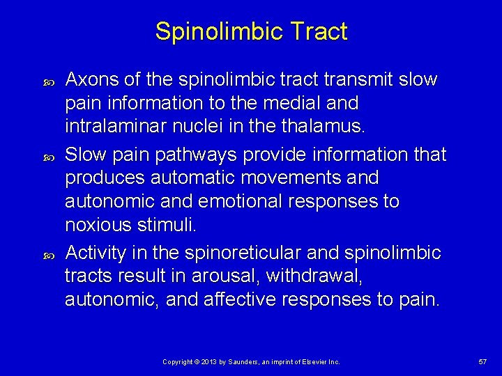 Spinolimbic Tract Axons of the spinolimbic tract transmit slow pain information to the medial