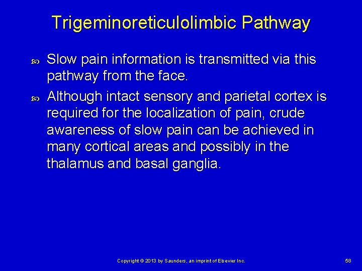 Trigeminoreticulolimbic Pathway Slow pain information is transmitted via this pathway from the face. Although