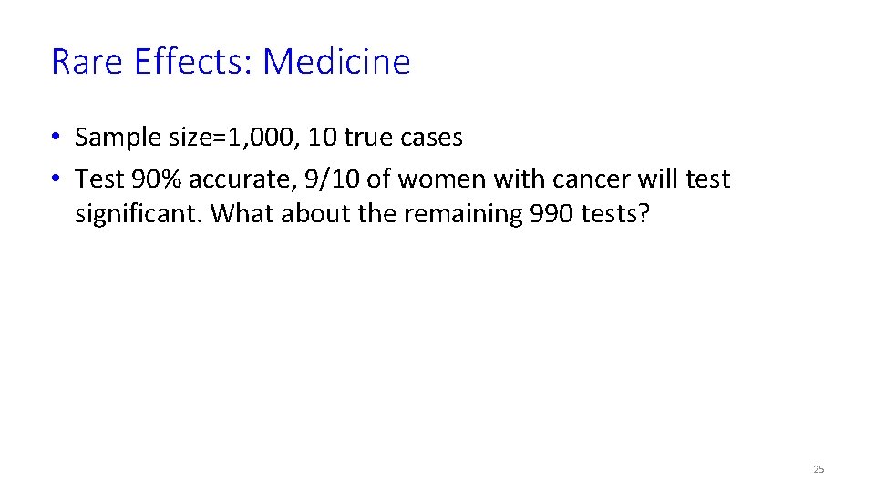 Rare Effects: Medicine • Sample size=1, 000, 10 true cases • Test 90% accurate,