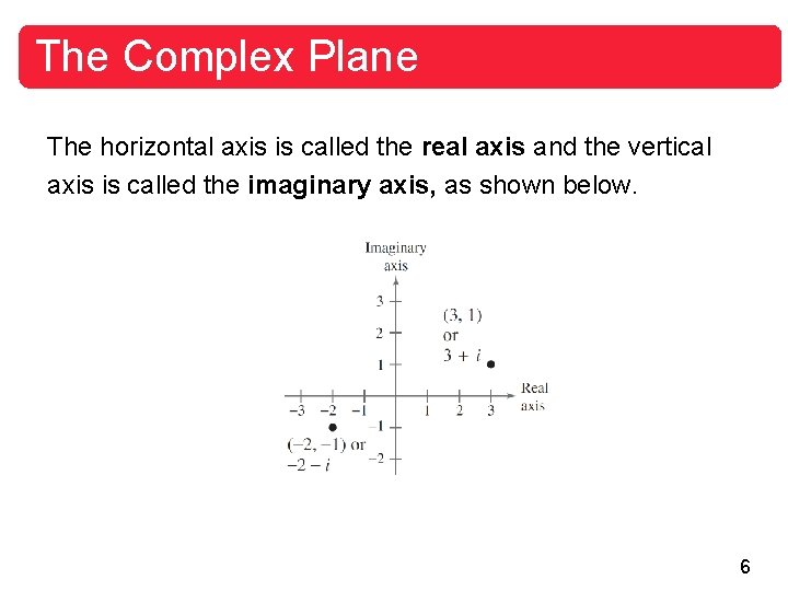 The Complex Plane The horizontal axis is called the real axis and the vertical