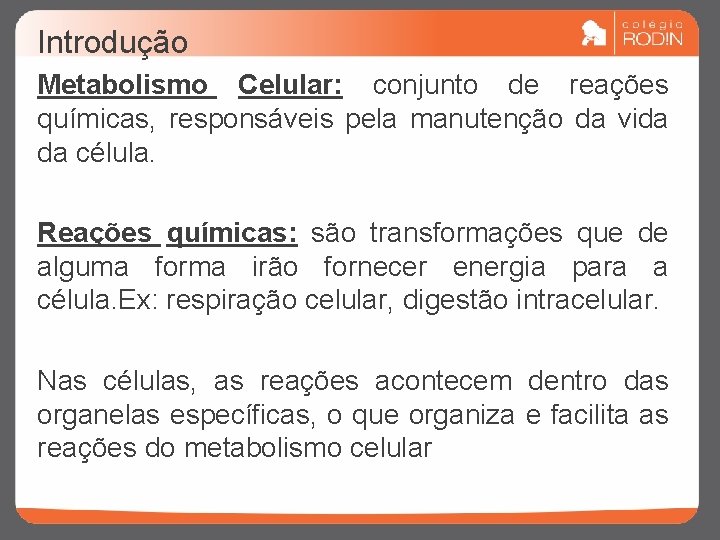 Introdução Metabolismo Celular: conjunto de reações químicas, responsáveis pela manutenção da vida da célula.