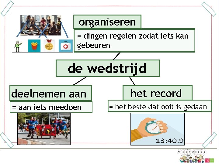 organiseren = dingen regelen zodat iets kan gebeuren de wedstrijd deelnemen aan = aan