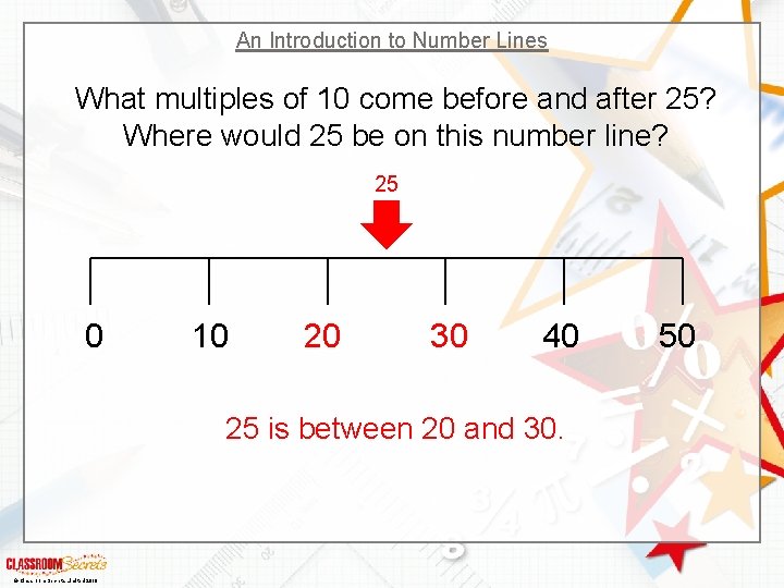 An Introduction to Number Lines What multiples of 10 come before and after 25?