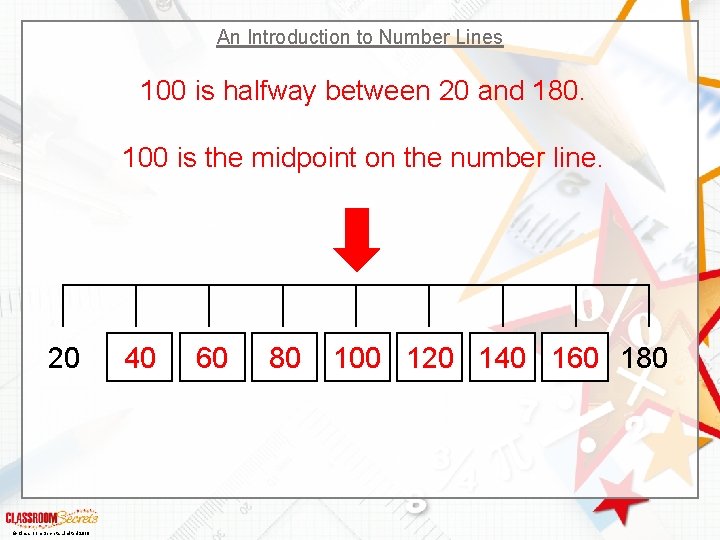 An Introduction to Number Lines 100 is halfway between 20 and 180. 100 is