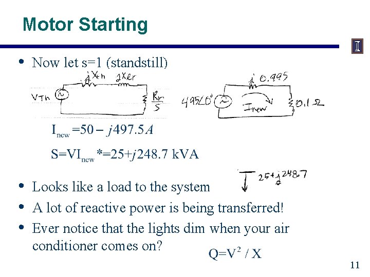 Motor Starting • Now let s=1 (standstill) • • • Looks like a load
