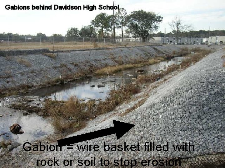 Gabion = wire basket filled with rock or soil to stop erosion 