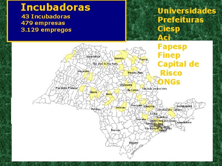 Incubadoras 43 Incubadoras 479 empresas 3. 129 empregos Universidades Prefeituras Ciesp Aci Fapesp Finep