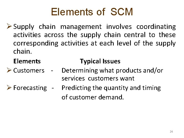 Elements of SCM Ø Supply chain management involves coordinating activities across the supply chain