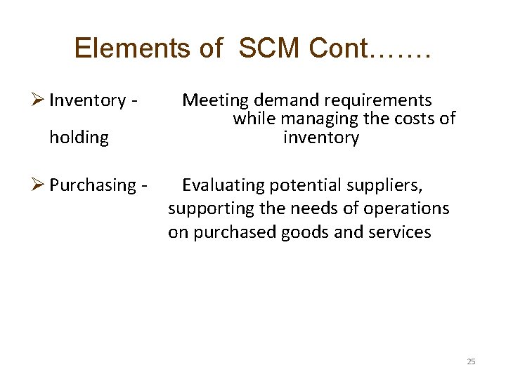 Elements of SCM Cont……. Ø Inventory holding Meeting demand requirements while managing the costs