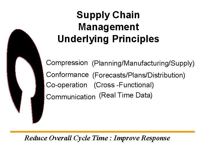 Supply Chain Management Underlying Principles Compression (Planning/Manufacturing/Supply) Conformance (Forecasts/Plans/Distribution) Co-operation (Cross -Functional) Communication (Real