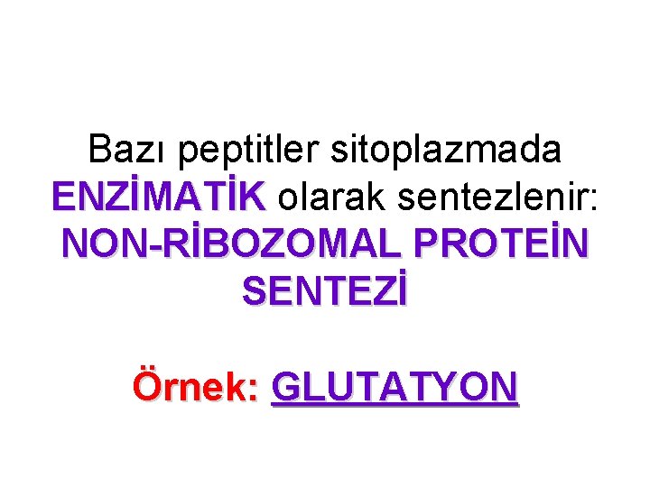 Bazı peptitler sitoplazmada ENZİMATİK olarak sentezlenir: ENZİMATİK NON-RİBOZOMAL PROTEİN SENTEZİ Örnek: GLUTATYON 