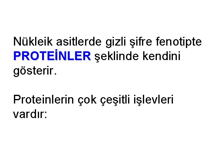 Nükleik asitlerde gizli şifre fenotipte PROTEİNLER şeklinde kendini PROTEİNLER gösterir. Proteinlerin çok çeşitli işlevleri