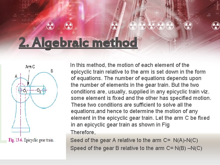 2. Algebraic method In this method, the motion of each element of the epicyclic