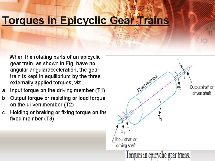 Torques in Epicyclic Gear Trains When the rotating parts of an epicyclic gear train,