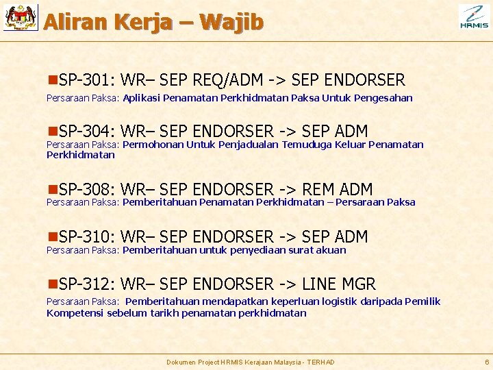 Aliran Kerja – Wajib n. SP-301: WR– SEP REQ/ADM -> SEP ENDORSER Persaraan Paksa: