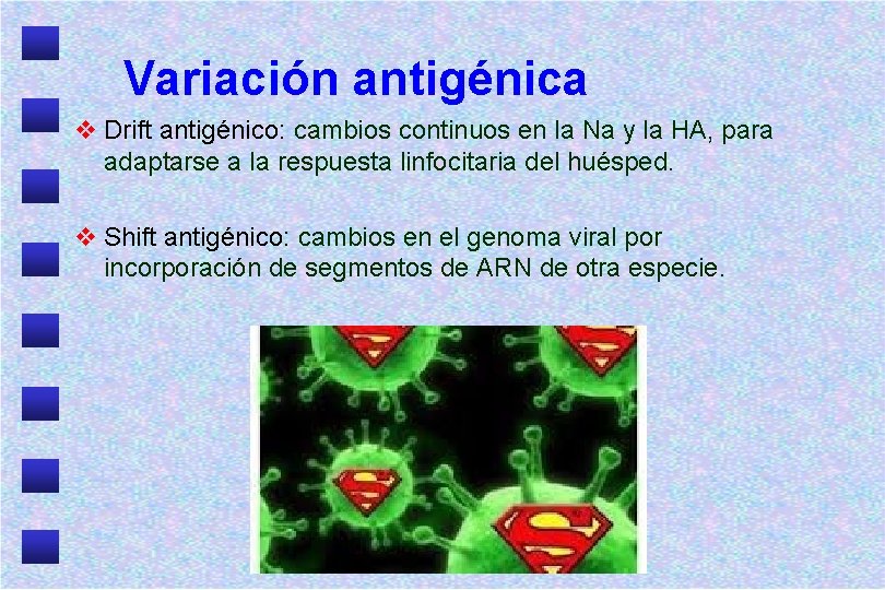 Variación antigénica v Drift antigénico: cambios continuos en la Na y la HA, para