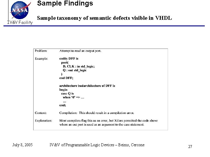 Sample Findings IV&V Facility July 8, 2005 Sample taxonomy of semantic defects visible in