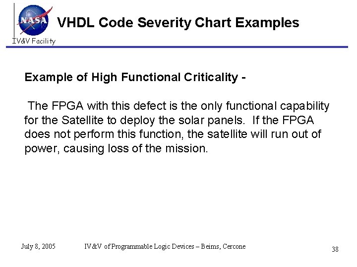 VHDL Code Severity Chart Examples IV&V Facility Example of High Functional Criticality The FPGA