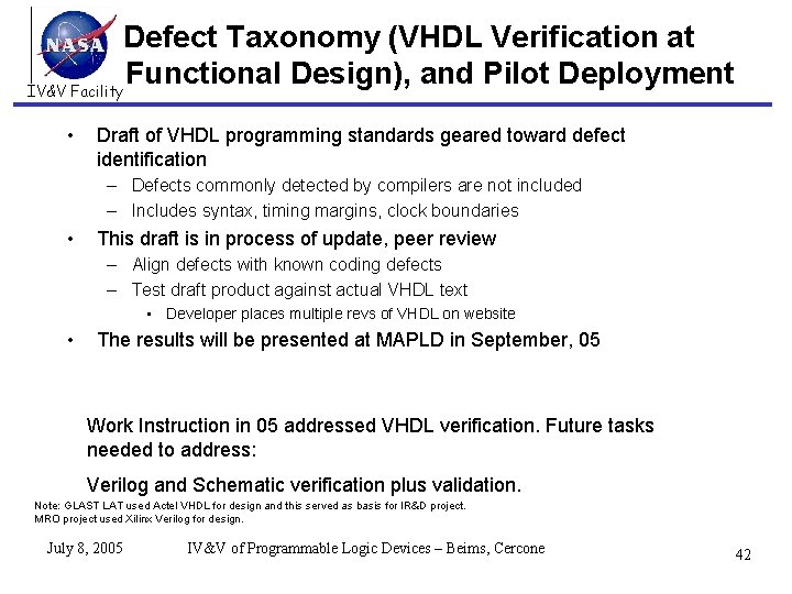 Defect Taxonomy (VHDL Verification at Functional Design), and Pilot Deployment IV&V Facility • Draft