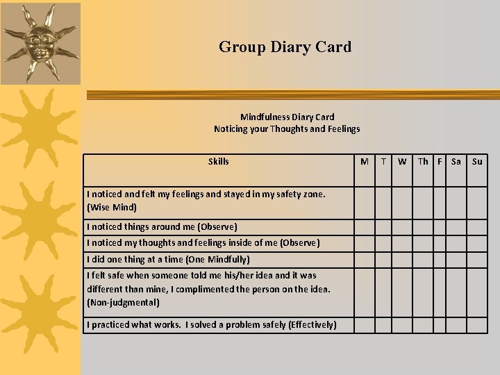 Group Diary Card Mindfulness Diary Card Noticing your Thoughts and Feelings Skills I noticed