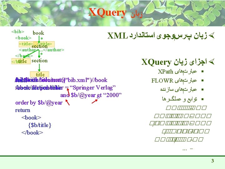 XQuery ﺯﺑﺎﻥ <bib> book <book> * <title>. . . </title> section <author>. . .