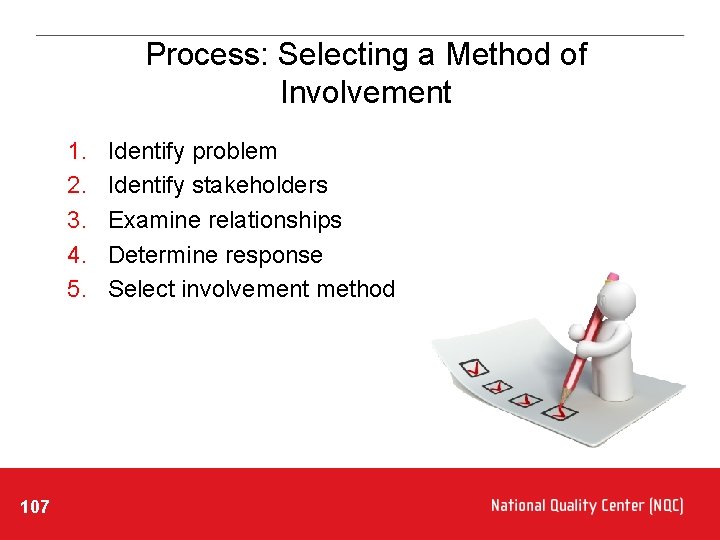 Process: Selecting a Method of Involvement 1. 2. 3. 4. 5. 107 Identify problem