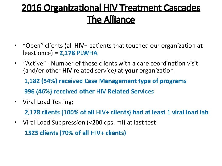 2016 Organizational HIV Treatment Cascades The Alliance • “Open” clients (all HIV+ patients that