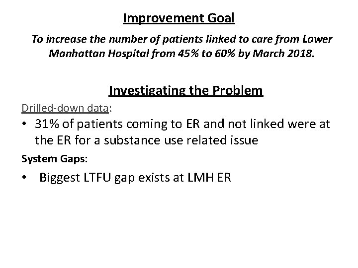 Improvement Goal To increase the number of patients linked to care from Lower Manhattan