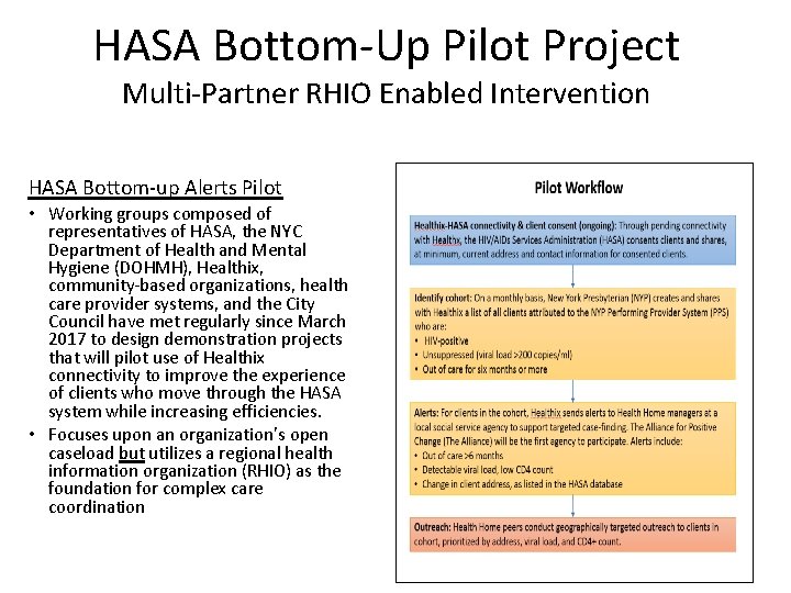 HASA Bottom-Up Pilot Project Multi-Partner RHIO Enabled Intervention HASA Bottom-up Alerts Pilot • Working